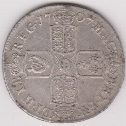 655 - Great Britain 1707E Queen Anne Shilling, fine, carbon spots on obverse