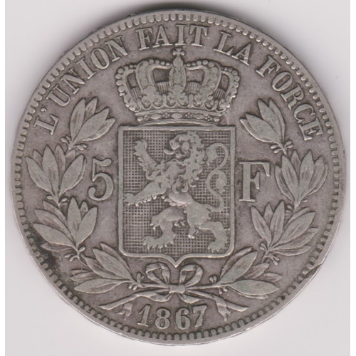 663 - Belgium 1867 5 Francs, KM24, VF