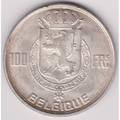 665 - Belgium 1954 100 Francs, Silver KM138.1, AUNC