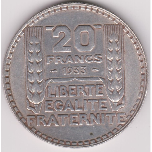 679 - France 1933 20 Francs, KM879, AUNC, silver