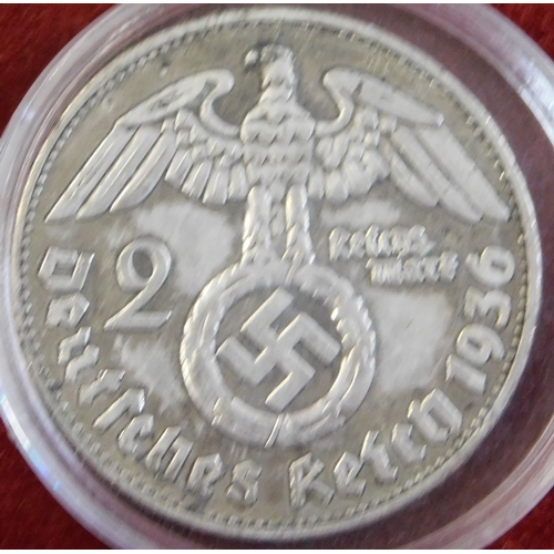 681 - Germany 1936J 2 Reichsmark, silver KM93 Hindenburg - Swastika, GVF / NEF. Scarce