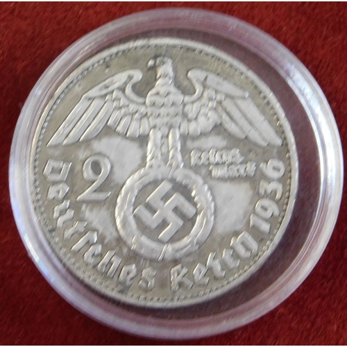 681 - Germany 1936J 2 Reichsmark, silver KM93 Hindenburg - Swastika, GVF / NEF. Scarce