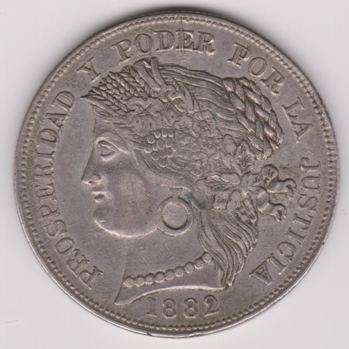 694 - Peru 1882 5 Pesetas, KM301.3, AVF. Scarce