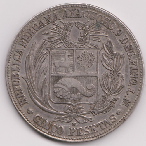 694 - Peru 1882 5 Pesetas, KM301.3, AVF. Scarce