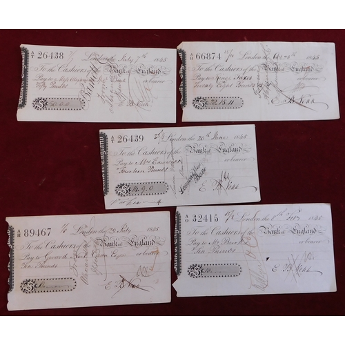 711 - 1845 Bank of England Cheques used, tidy lot (5)