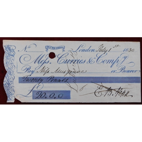 713 - Messrs Curries & Compy, Cornhill, 1830 used cheques, blue on white (5)