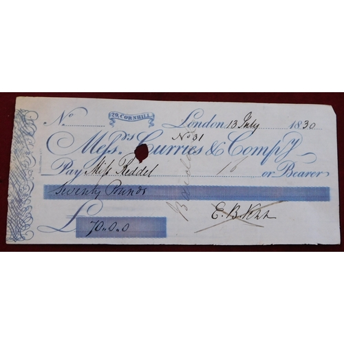 713 - Messrs Curries & Compy, Cornhill, 1830 used cheques, blue on white (5)