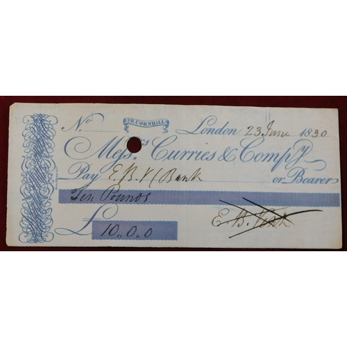 713 - Messrs Curries & Compy, Cornhill, 1830 used cheques, blue on white (5)