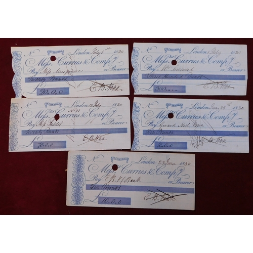 713 - Messrs Curries & Compy, Cornhill, 1830 used cheques, blue on white (5)