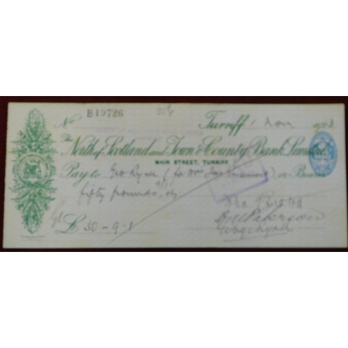 717 - The North of Scotland and Town & County Bank Limited, Turriff Branch 1923 used cheques, hand stamped... 