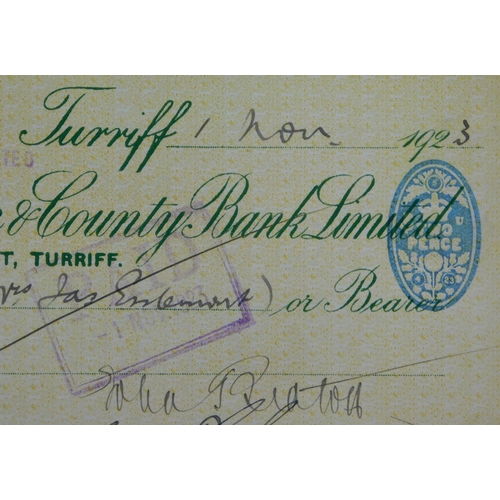 717 - The North of Scotland and Town & County Bank Limited, Turriff Branch 1923 used cheques, hand stamped... 