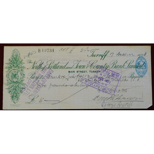 718 - The North of Scotland and Town & County Bank Limited, Turriff Branch 1923 used cheques, hand stamped... 