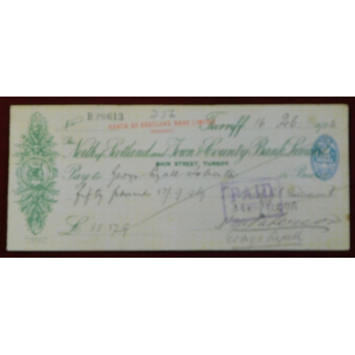 718 - The North of Scotland and Town & County Bank Limited, Turriff Branch 1923 used cheques, hand stamped... 