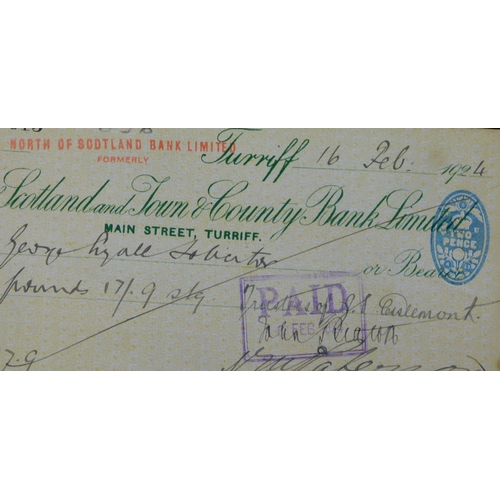 718 - The North of Scotland and Town & County Bank Limited, Turriff Branch 1923 used cheques, hand stamped... 