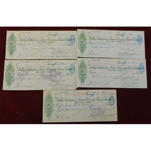 718 - The North of Scotland and Town & County Bank Limited, Turriff Branch 1923 used cheques, hand stamped... 