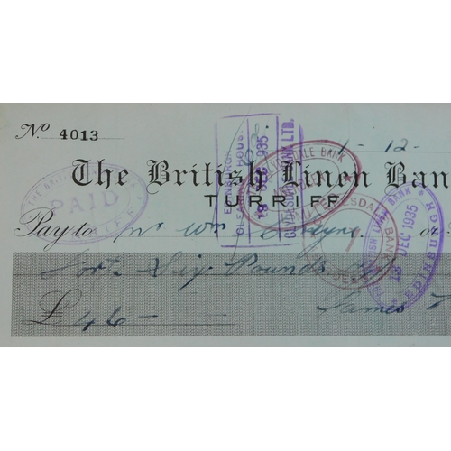 720 - The British Linen Bank, Turriff Branch, 1935 used cheques, black and blue on green.  Fine (5)