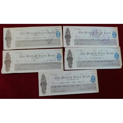 720 - The British Linen Bank, Turriff Branch, 1935 used cheques, black and blue on green.  Fine (5)