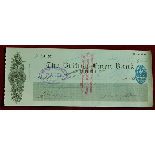 721 - The British Linen Bank, Turriff Branch 1935 used cheques, black and blue on green. Fine (5)