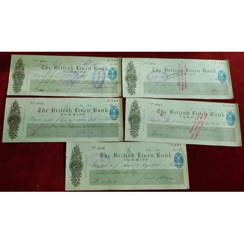 721 - The British Linen Bank, Turriff Branch 1935 used cheques, black and blue on green. Fine (5)