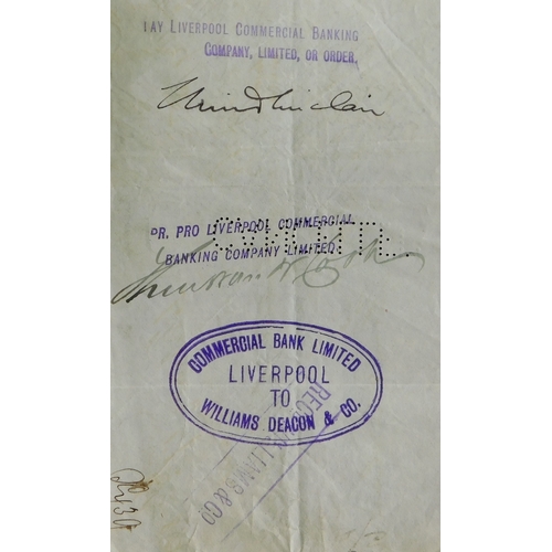 724 - Commercial Liverpool Banking Company Limited receipt to Williams Deacon & Co, 1883, Two Shillings em... 