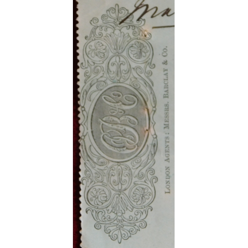 725 - Oakes, Bevan & Co, Sudbury Branch, 1889 used edge, order, Black on green. Vig - Monogram at left