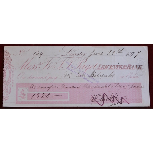 726 - T & T.T. Paget Leicester Bank 1887 cheque for E', 320 Pounds. Pink on white, order