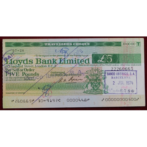 735 - Lloyds Bank Limited £5 Traveller's cheques used 1974 (5)