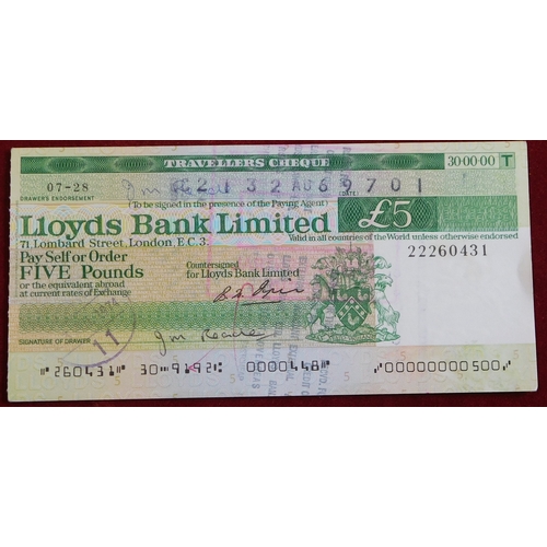 735 - Lloyds Bank Limited £5 Traveller's cheques used 1974 (5)