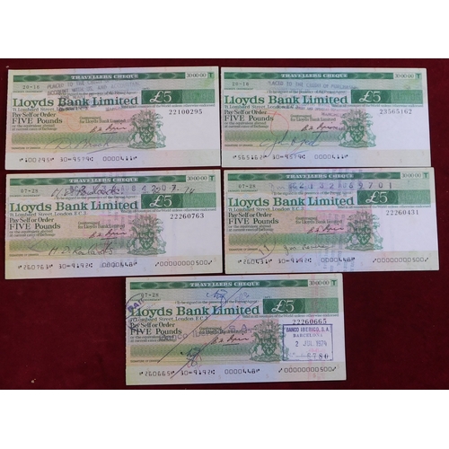 735 - Lloyds Bank Limited £5 Traveller's cheques used 1974 (5)