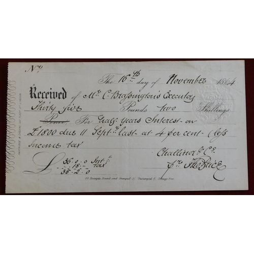 737 - 1864 Tax embossed receipt for half year interest on £1,000 at 4/- less income tax