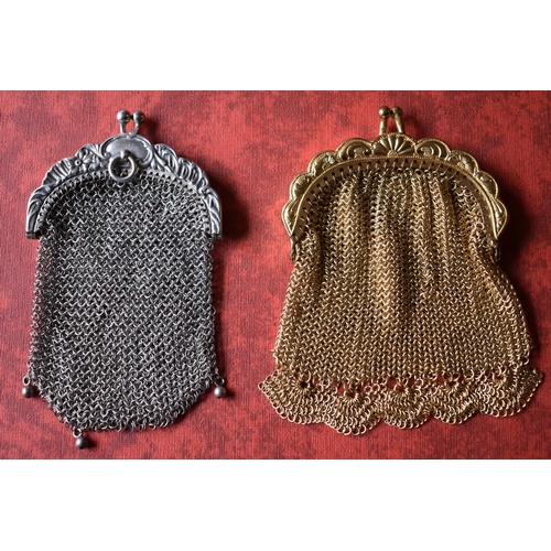 158 - Two Chain Mail evening bag / purse (x2). White metal and Gilt metal. Measures approx. 60mm x 90mm an... 