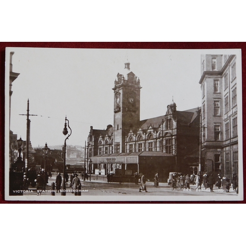 378 - Postcards - Nottingham Victoria Station (x3) and Midland Station and Carrington Street (x1). Two use... 