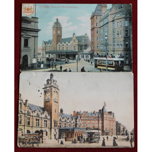 378 - Postcards - Nottingham Victoria Station (x3) and Midland Station and Carrington Street (x1). Two use... 