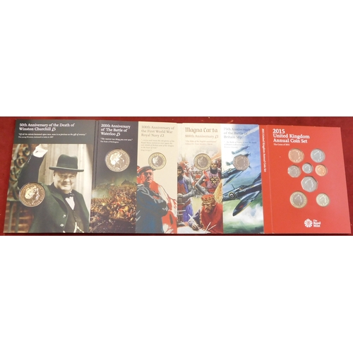 507 - Great Britain 2015 Royal Mail Annual Coin set in Royal Mint folder, Churchill £5, Waterloo £5, WW! R... 