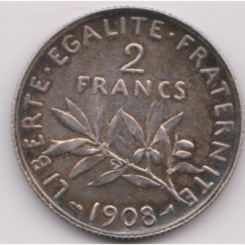 678 - France 1908 2 Francs, KM 845, UNC, choice, silver