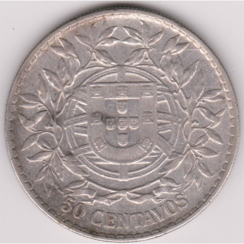 696 - Portugal 1913 50 Centavos, Silver, KM56.1, EF