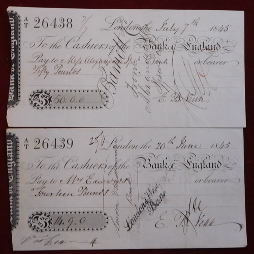 711 - 1845 Bank of England Cheques used, tidy lot (5)