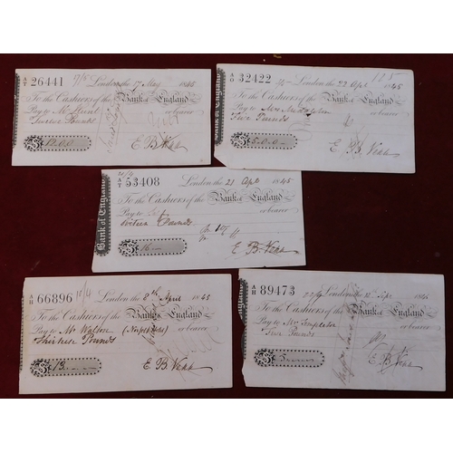 712 - 1845 Bank of England Cheques used, tidy lot (5)