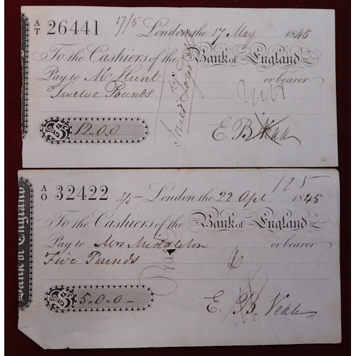 712 - 1845 Bank of England Cheques used, tidy lot (5)