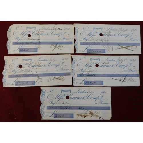 714 - Messrs Curries & Compy, Cornhill, 1830 used cheques, blue on white