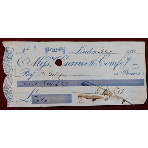 714 - Messrs Curries & Compy, Cornhill, 1830 used cheques, blue on white