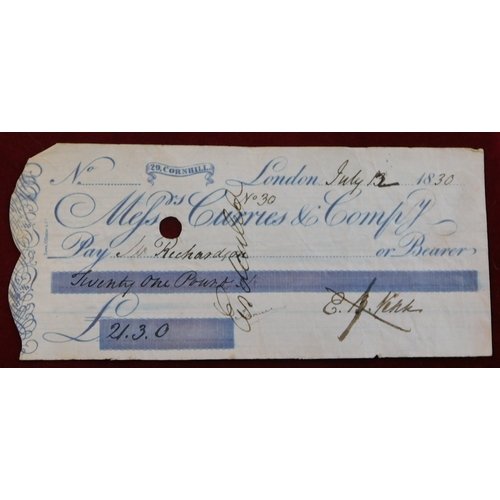 714 - Messrs Curries & Compy, Cornhill, 1830 used cheques, blue on white