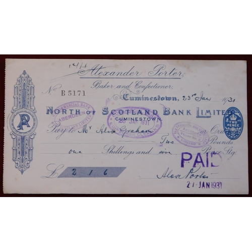 716 - North of Scotland Bank Limited, Cuminestown Branch, 1931 Alexander Port, Baker & Confectioner, used ... 