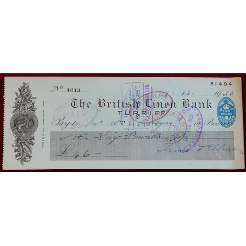 720 - The British Linen Bank, Turriff Branch, 1935 used cheques, black and blue on green.  Fine (5)