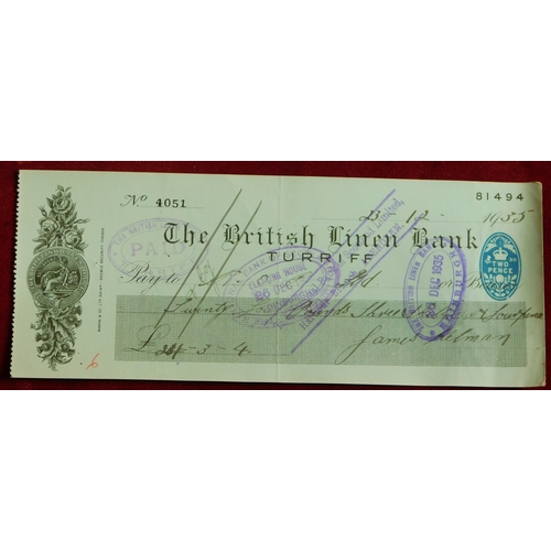 721 - The British Linen Bank, Turriff Branch 1935 used cheques, black and blue on green. Fine (5)