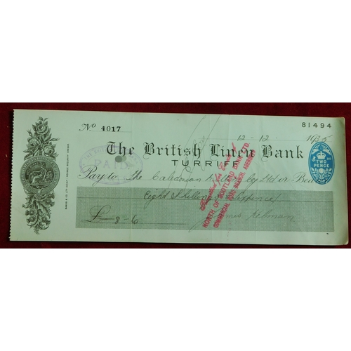 721 - The British Linen Bank, Turriff Branch 1935 used cheques, black and blue on green. Fine (5)