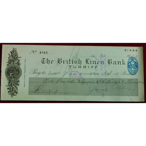 721 - The British Linen Bank, Turriff Branch 1935 used cheques, black and blue on green. Fine (5)