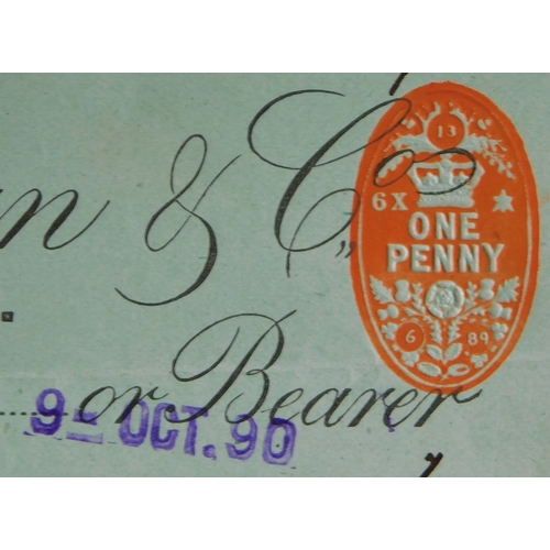 725 - Oakes, Bevan & Co, Sudbury Branch, 1889 used edge, order, Black on green. Vig - Monogram at left