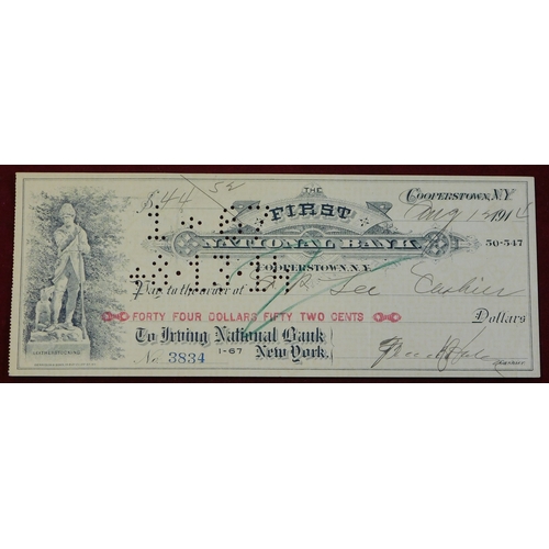 728 - USA First National Bank Cooperstown N.Y. Used Order, 23 Oct 1912 black on cream. Vignette Leathersto... 