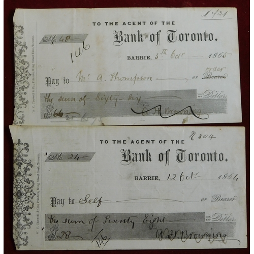 730 - Canada - Bank of Toronto 1865, Barrie Branch, used order. Black on white. Printer: Chewett & Co., To... 